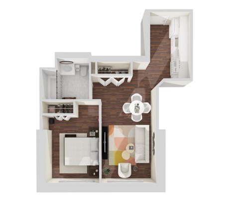 Floor plan for 1 bed, 1 bath, 605 sqft